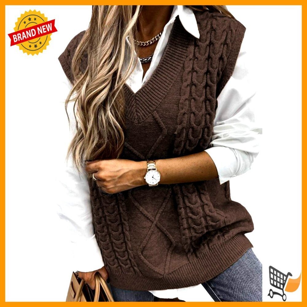 Oversized V Neck Sleeveless Sweater Vest Cable Knit Loose Fit Pullover Top